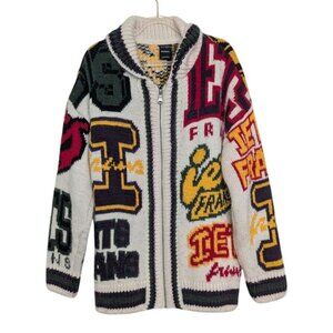 Ites Frans Varsity Logo Bomber Sweater Womens Size Medium Graphic Knit Full Zip